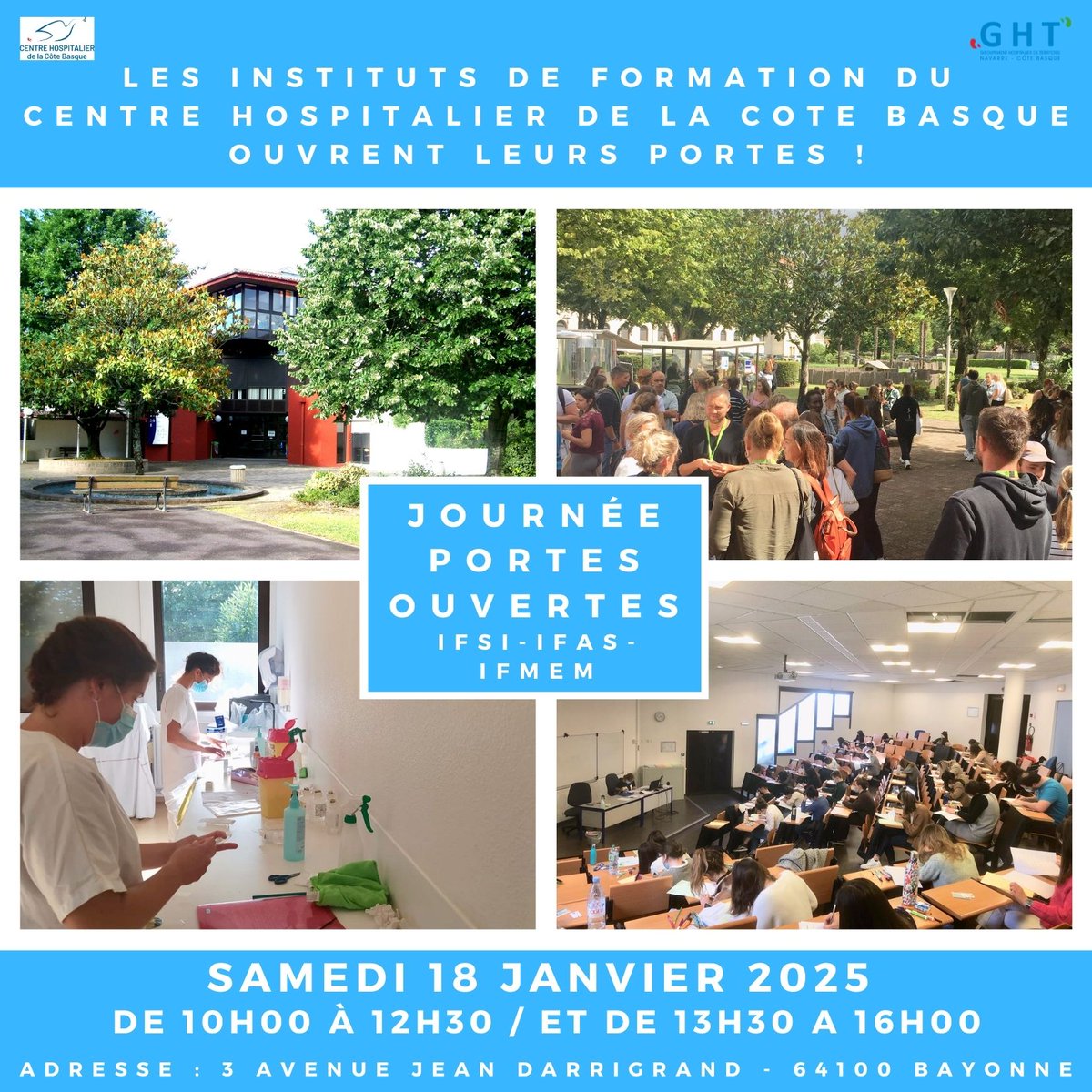 Pays Basque #formation #santé #IFSI #IFAS #IFME
j-7 avant la journée #Portes #ouvertes des Instituts de Formation du <a href="/CHCoteBasque/">CH Côte Basque</a>  pour découvrir la formation et  métiers #infirmier #Aide_soignant #manipulateurs_radio
Rdv le samedi 18 janvier à #Bayonne
ch-cote-basque.fr/recrutement-fo…