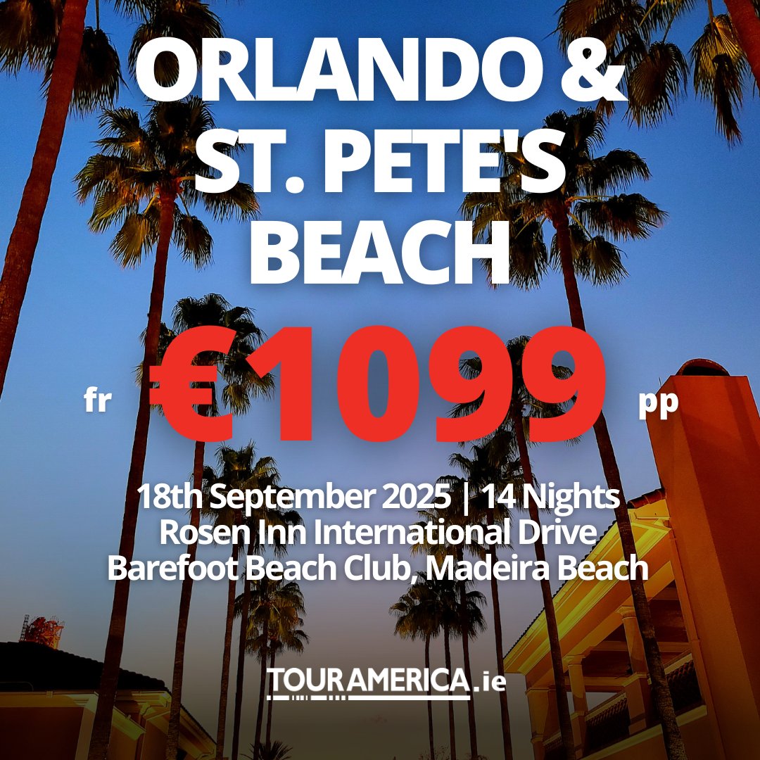 📅 Departure: 18th September 2025
✈️ Return Flights (with Bags Included)
🏨 10 Nights at the Rosen Inn International Drive
🏨 4 Nights at Barefoot Beach Club, Madeira Beach
🚗 5 Days Car Hire
👨‍👩‍👧‍👦 ONLY €1,099 per person (Based on 2 adults &amp; 2 kids sharing)
🔖 Ref 724964