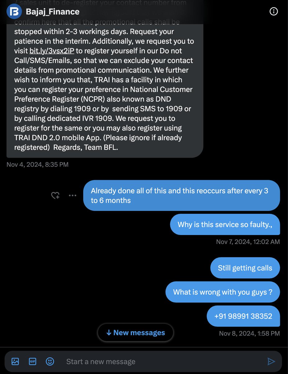arpitaks's tweet photo. @Bajaj_Finance @sanjivrbajaj stop sending these automated responses which are broken and not functional(see screenshot).

Got another call just now for Overdraft services: +91 7315135903, third one since morning. https://t.co/o6ozU6urIN