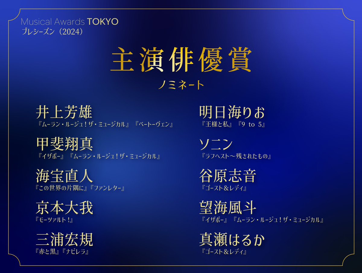musicalawardstk's tweet photo. Musical Awards TOKYO
プレシーズン(2024)

◤主演俳優賞ノミネート◢

 #井上芳雄 
 #明日海りお 
 #甲斐翔真
 #ソニン
 #海宝直人
 #谷原志音
 #京本大我 
 #望海風斗 
 #三浦宏規 
 #真瀬はるか 

#ミュージカル・アワーズ・トウキョウ 
#MusicalAwardsTOKYO https://t.co/BA8GurGJ00