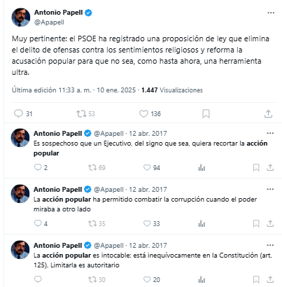 pabloharour's tweet photo. Antonio Papell, en 2025: Qué bien que mi PSOE quiera limitar la acusación popular

Antonio Papell hace 8 años, cuando gobernaba Rajoy: La acción popular es intocable, limitarlo es sospechoso y autoritario

Te tienes que reír https://t.co/uwD9maGvW3
