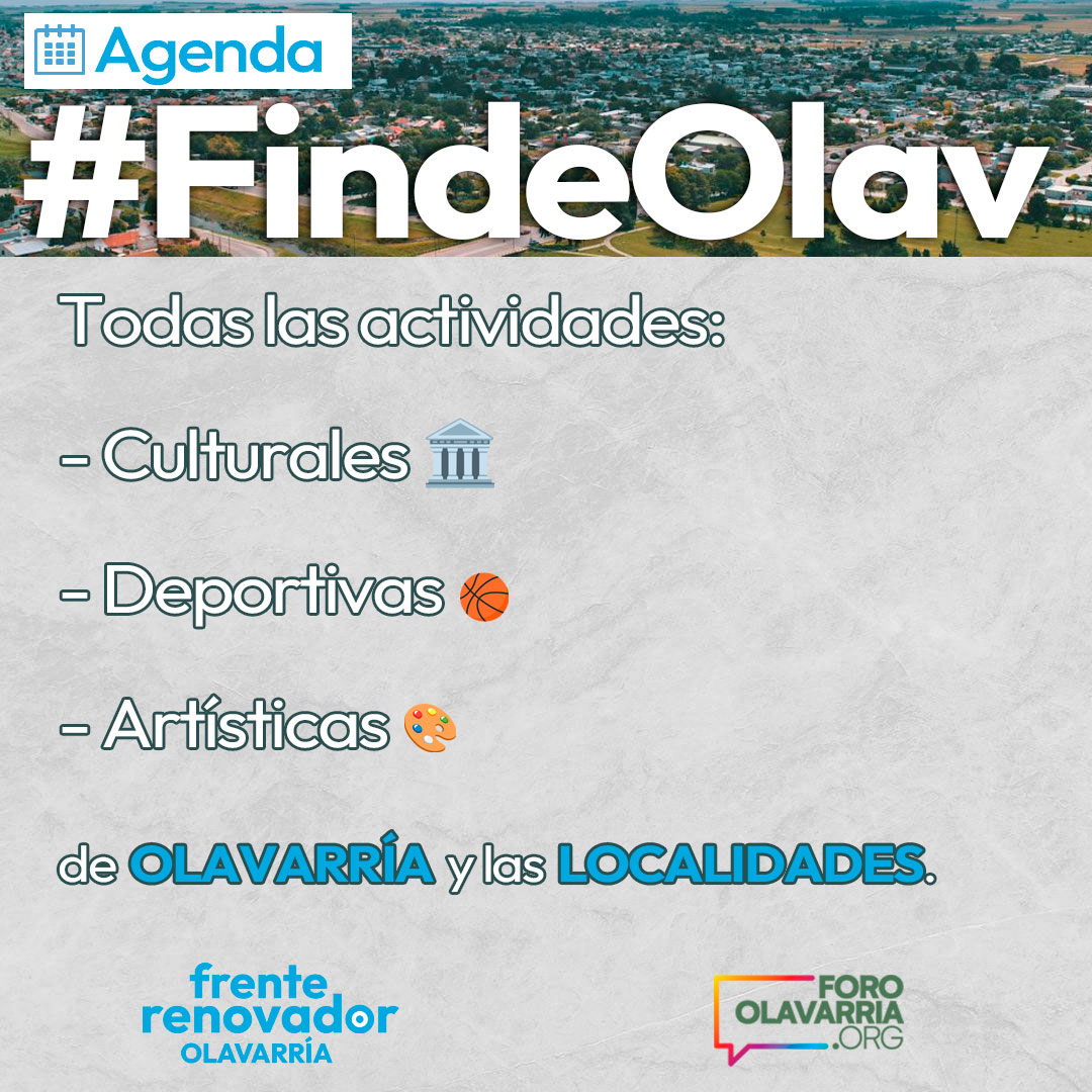 ForoOlavarria's tweet photo. 🌞🗓 ¡Con Agenda #FindeOlav seguí disfrutando el verano en #Olavarría y las localidades!

✅️ Armá tu finde con las mejores propuestas culturales, art��sticasy deportivas.

#AmorxOlavarría❤️
#AmorxLasLocalidades❤️
#AmorxLaCultura❤️
#AmorxElDeporte❤️
#TurismoOlavarría https://t.co/2g3Sbrfjye
