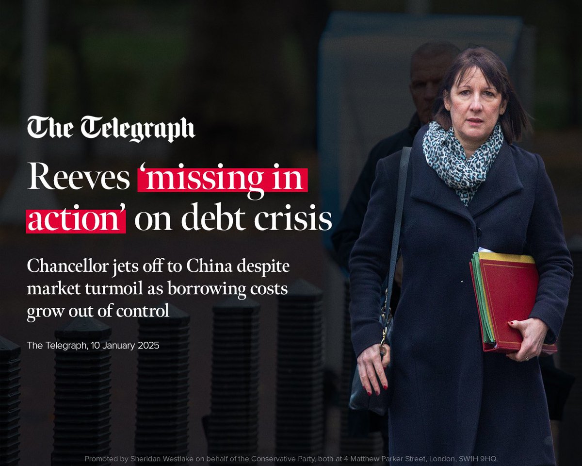 WokinghamTories's tweet photo. Under Labour, the pound is plummeting, borrowing costs are out of control, and the economy is in freefall.
Rachel Reeves, the Chancellor, has decided to jet off to China.
This is a moment for leadership and decisive action, but we get chaos and neglect. Britain deserves better. https://t.co/2o2NMS8evj