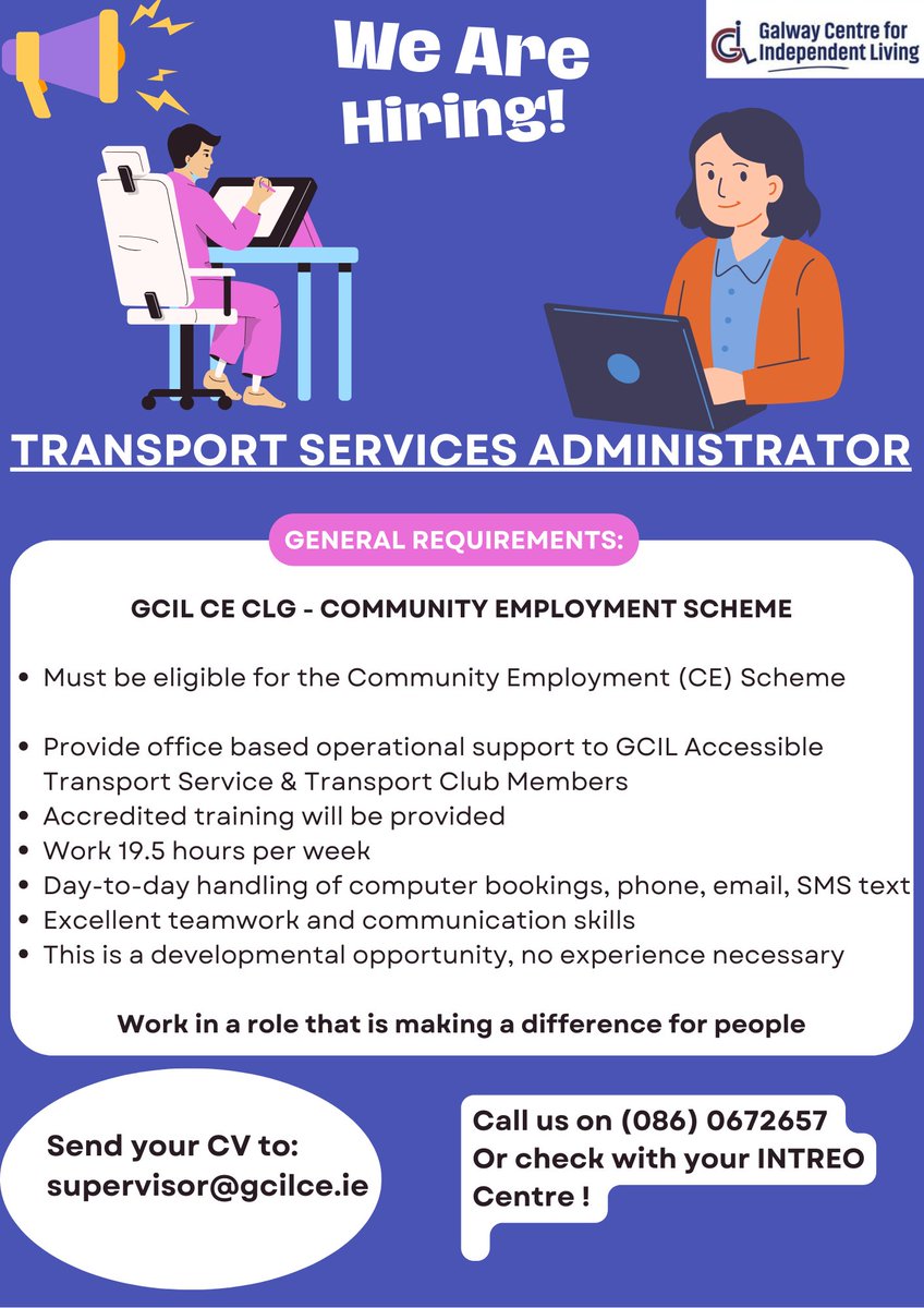 Galway Centre for Independent Living CE Scheme CLG are also looking for  #Transport #Service #Admins  to join a well-established Accessible Transport Service  which runs Monday to Friday for its Members  Details:  #GalwayCity #GalwayCounty #Galway
<a href="/pobal/">Pobal</a>  <a href="/LibrariesGalway/">Galway Libraries</a>