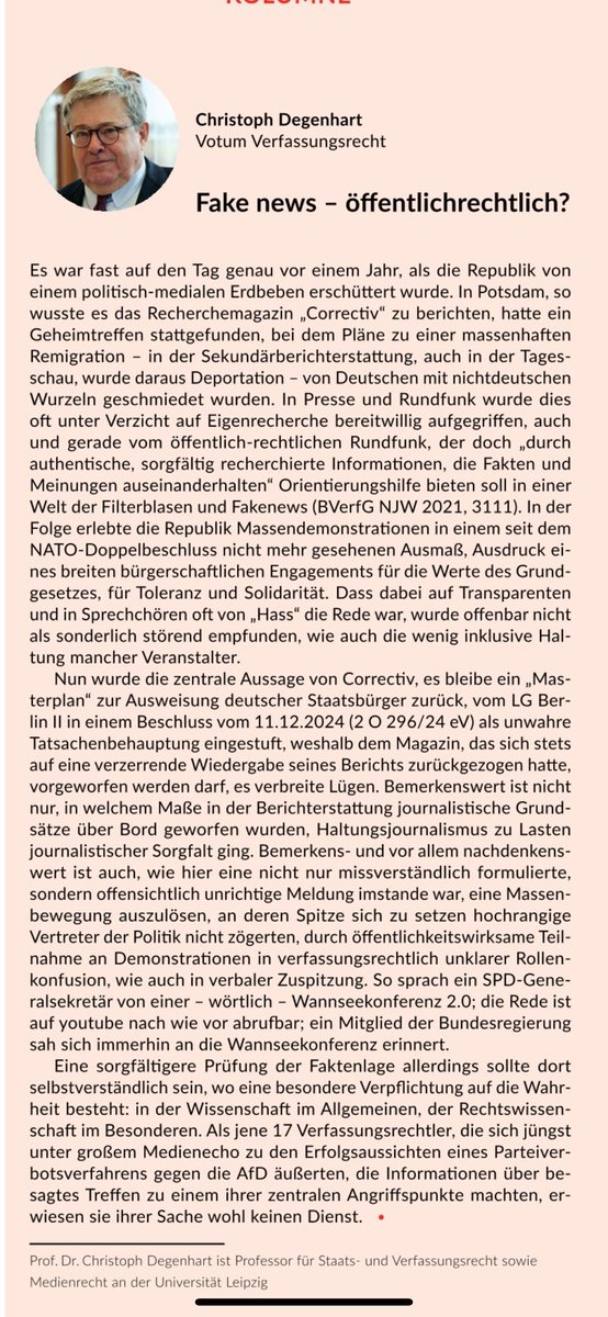 Was für eine Mega-Backpfeife für „Correctiv“, den ÖRR, viele weitere Medien und große Teile der Politik: #FakeNews für die gute Sache bleiben eben Fake News und ruinieren die Glaubwürdigkeit.
Von Ex-Verfassungsrichter Christoph Degenhart in der NJW: