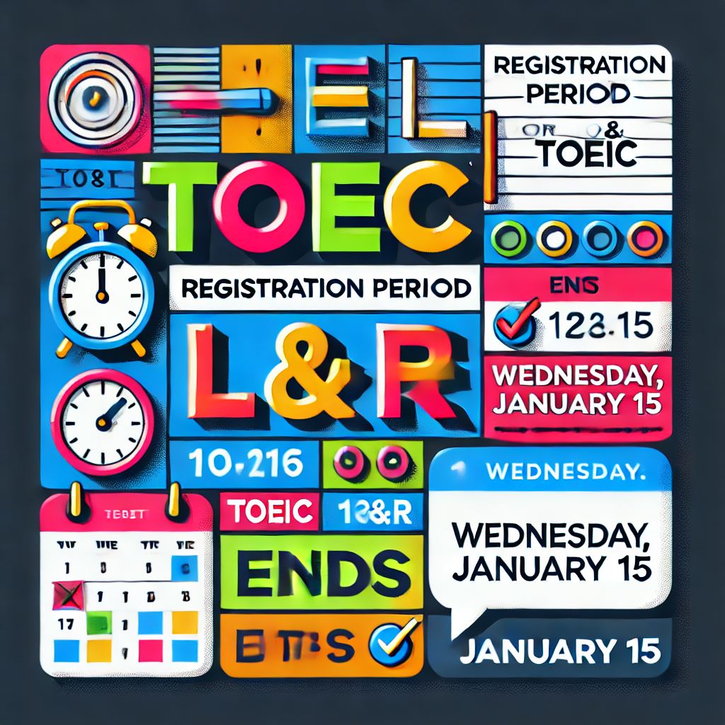 📢 ¡Atención estudiantes! 📢

 ¡Inscríbete en el examen TOEIC (L&amp;R) por libre y demuestra tu dominio del inglés! 🌟

🗓️ Último día para inscribirse: 15 de enero 🗓️

No pierdas esta oportunidad de certificar tu nivel de inglés. ¡Inscríbete ahora y prepárate para el éxito! 🚀