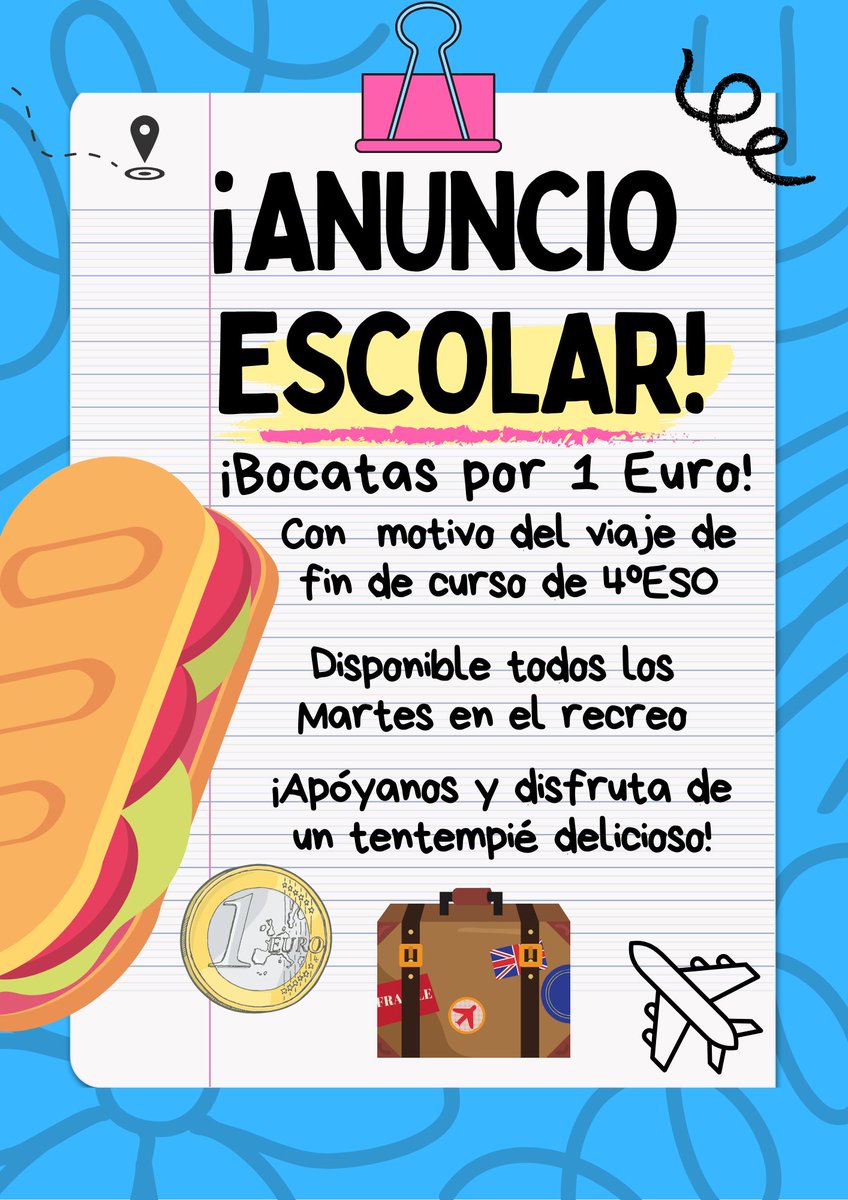 ¡Nos vamos de viaje de fin de curso a Madrid! ¿Quieres colaborar con nosotros? Durante enero, febrero y marzo, a la hora del recreo, estaremos vendiendo bocadillos de tortilla y embutido (os avisaremos con antelación del menú). El precio del bocata es de 1€. Fdo.: Alumnado 4ºESO