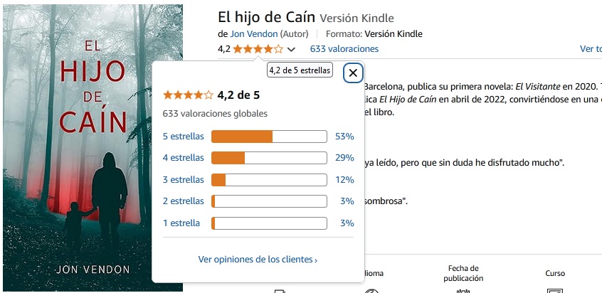 ¡¡¡GRACIAS, LECTORES!!!⬇️
👉633 valoraciones en #Amazon 
👉La mayoría (53%) le otorga la máxima puntuación:5⭐️
EL HIJO DE CAÍN
👉Una carrera contrarreloj para evitar lo que parece inevitable.
eBook:leer.la/B09YMSYBMD
Papel: leer.la/B09Y512XBB
¿Un retuit? 😊
#leer