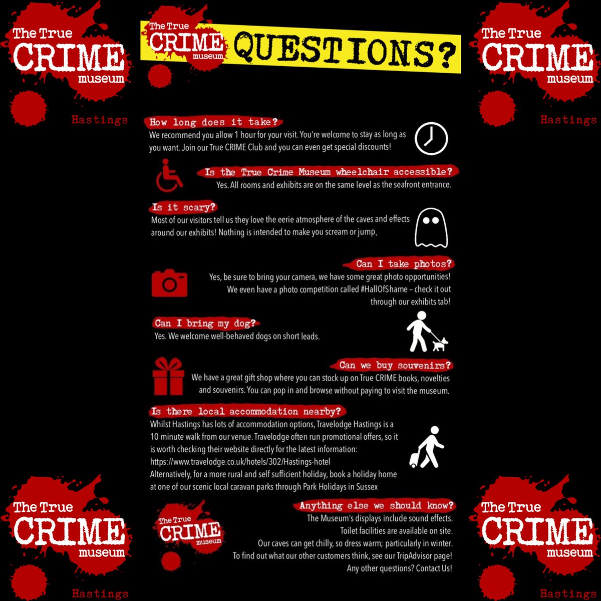 ❓ Got Questions? We’ve Got Answers! ❓

Planning your visit to the True Crime Museum? Check out our Frequently Asked Questions page for all the info you need—from ticket details and parking to what you can expect during your visit! 🚗🔍