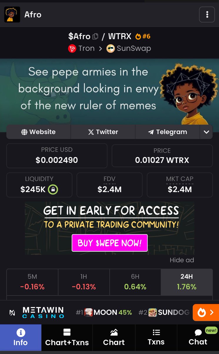 Powelmwebya's tweet image. $AFRO as an educational meme token isn’t just a mere token but a movement to financial empowerment to anyone who embraces it this coming bull cycle.
Let’s keep building,see you at the Sun($7bn Market cap).
🚀🚀🚀🚀🌞
@AfroTokenSUN @IvaibiFesto
#Afrotoken #JHOPE…
