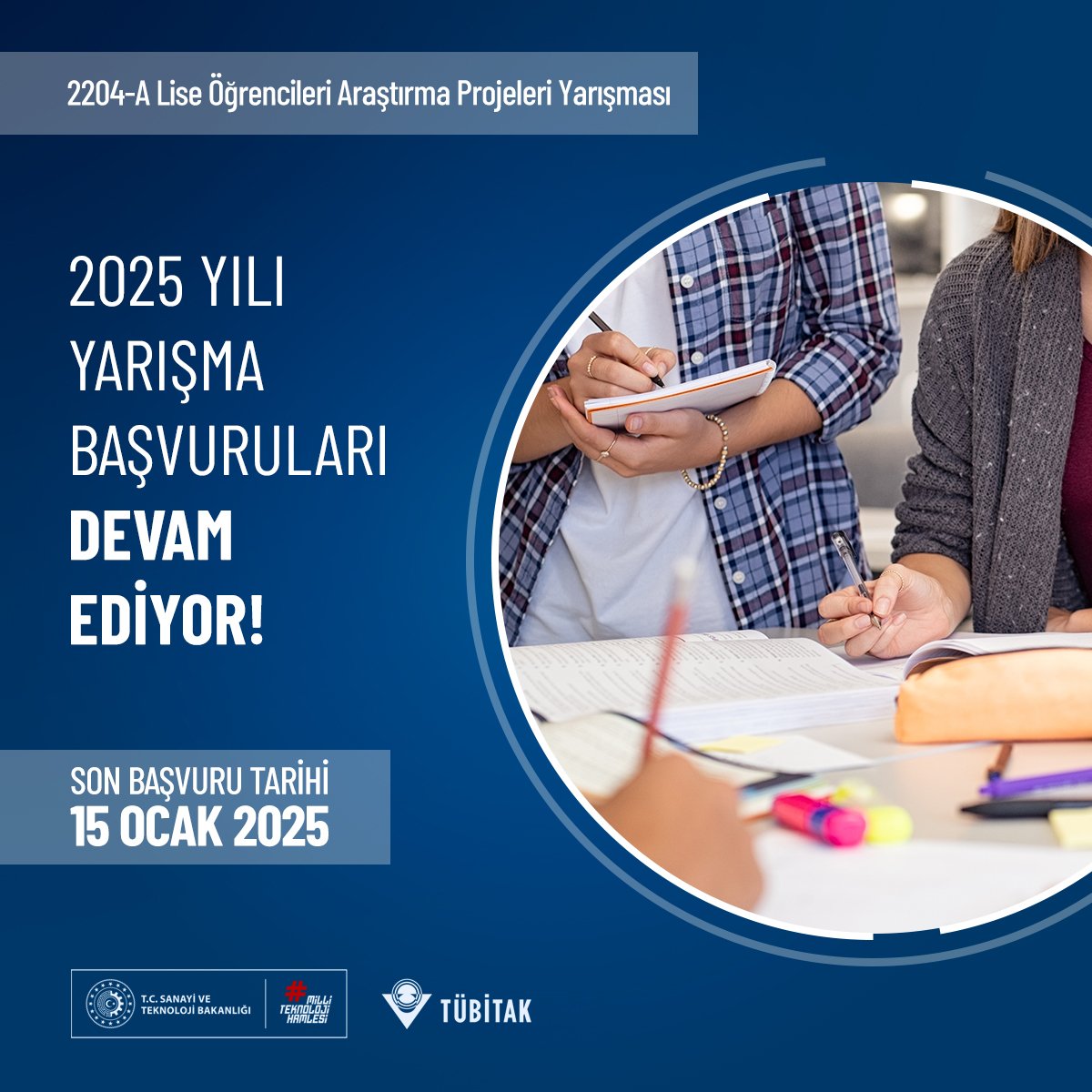 📢2204-A Lise Öğrencileri Araştırma Projeleri Yarışması 2025 Yılı Başvuruları Devam Ediyor!

❓Kimler Başvurabilir: Türkiye ve KKTC’de örgün ve açık öğretim sisteminde öğrenim gören tüm lise öğrencileri

❓Yarışma Alanları: 12 Ana Alan, 63 Tematik Alan

🧪🔬🧬💻Genç bilim insanı