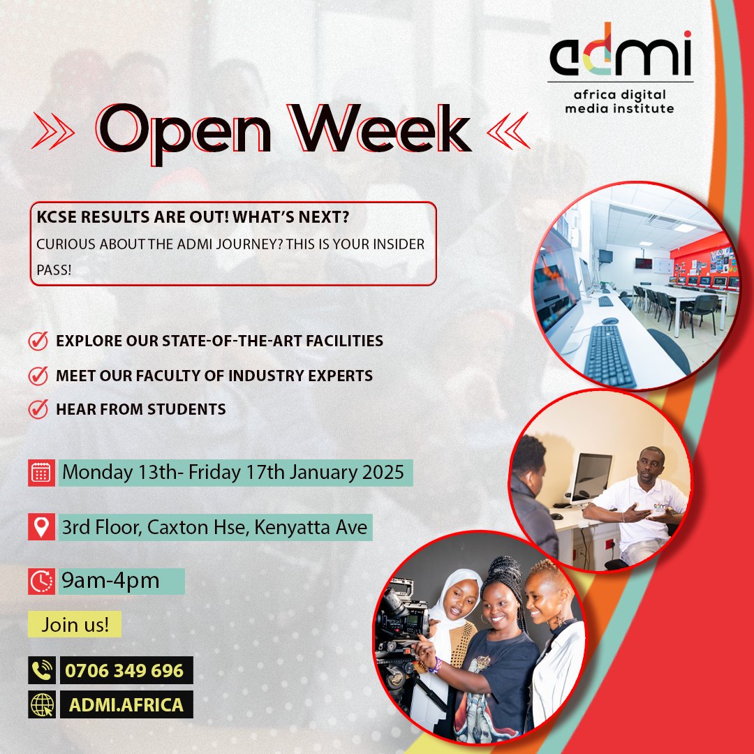 KCSE results are out!  What’s next? It’s time to turn your passion into a creative career at ADMI Open Week! 🚀  

🌟 Explore our state-of-the-art facilities
🎤 Meet our expert faculty  
💡 Hear from students living their creative dreams

👉 Join us and kickstart your journey