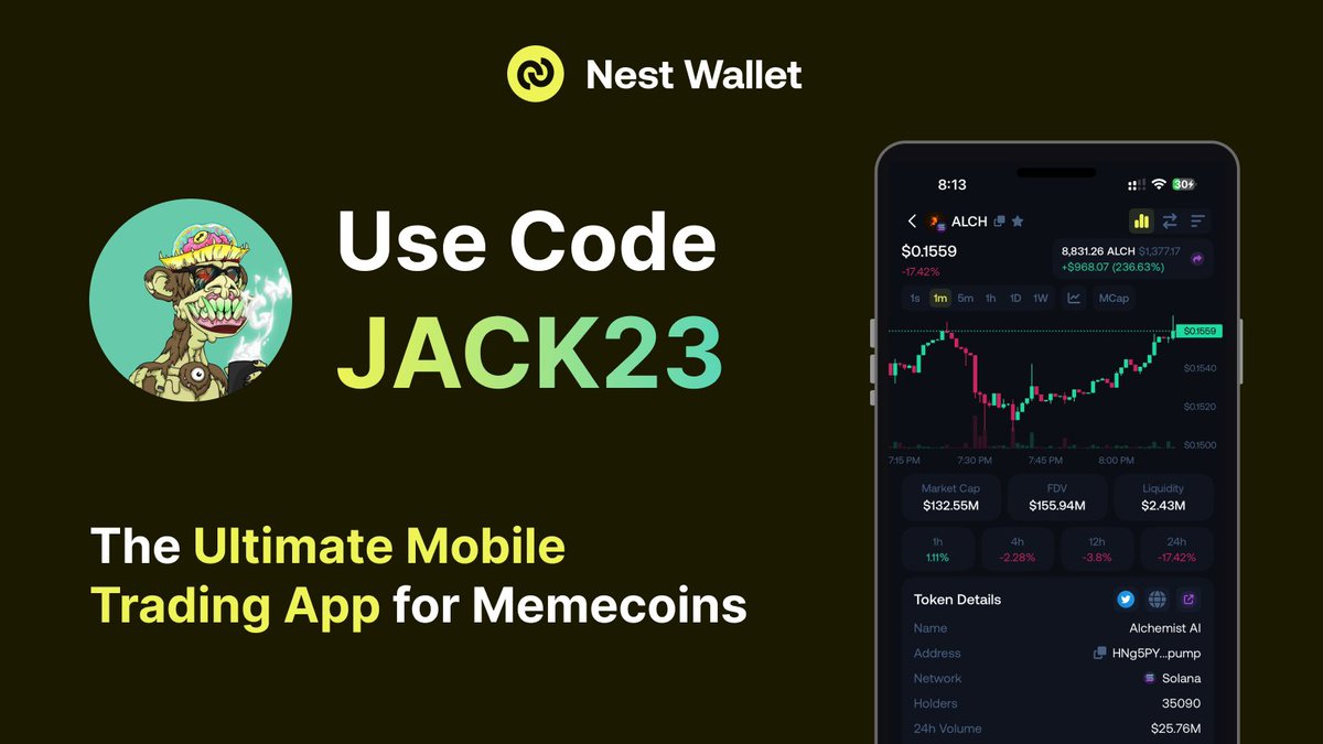 1 SOL GIVEAWAY! 🎉

To Enter:
- Follow: <a href="/nestwalletxyz/">Nest Wallet</a> 
- RT + Like
- Use Link for 10% OFF: nestwallet.xyz/?referral=JACK…

Ends in 48 Hours ⏳ Good Luck