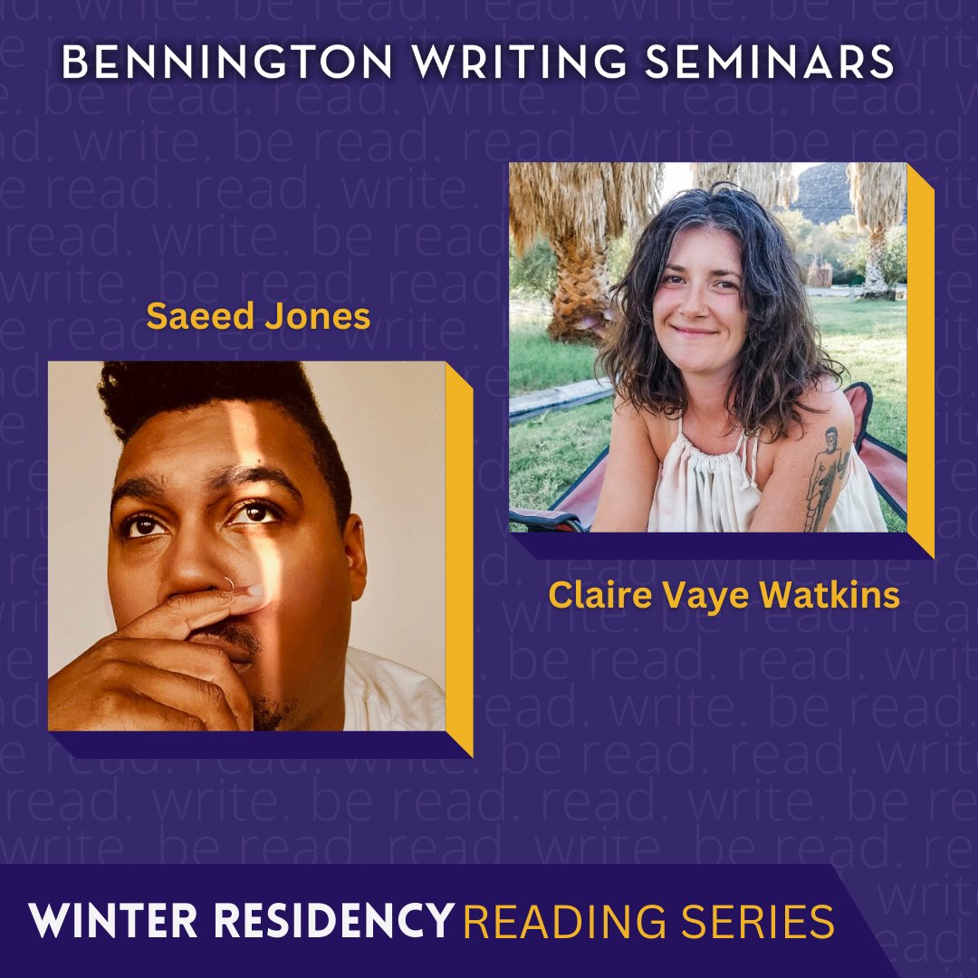 Tonight at 7PM ET, Saeed Jones and Claire Vaye Watkins will read at Tishman Hall as part of our Writers Reading Series. Carmen Giménez will also be joining this evening's reading:

bennington.edu/events/2025-01…