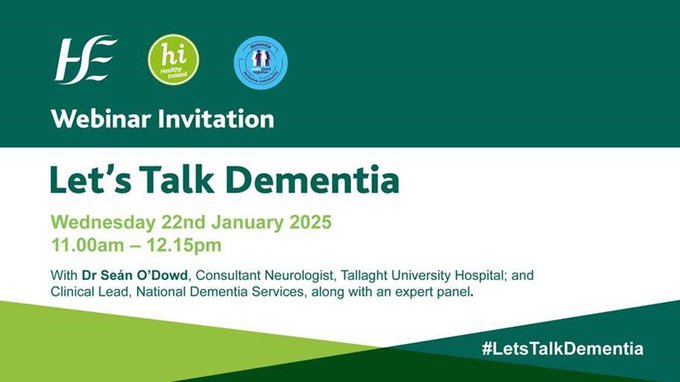 Reminder of this important webinar with Dr Seán O’Dowd and other expert panelists as they discuss: 
• Dementia and its various types 
• Importance of early diagnosis 
• Signposting of health and social care services
 • Impact of social inclusion 
• Things we can all do to