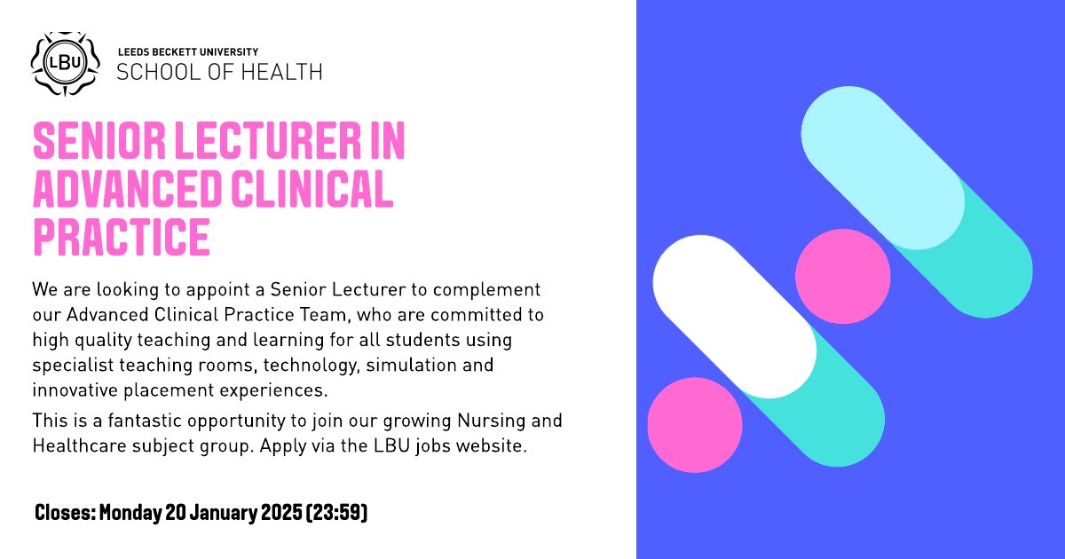 We have an exciting job opportunity as a Senior Lecturer to join our Advanced Clinical Practice Team. To apply see our LBU Jobs Website. leedsbeckett.ac.uk/jobs/
Closes Monday 20 January 2025.