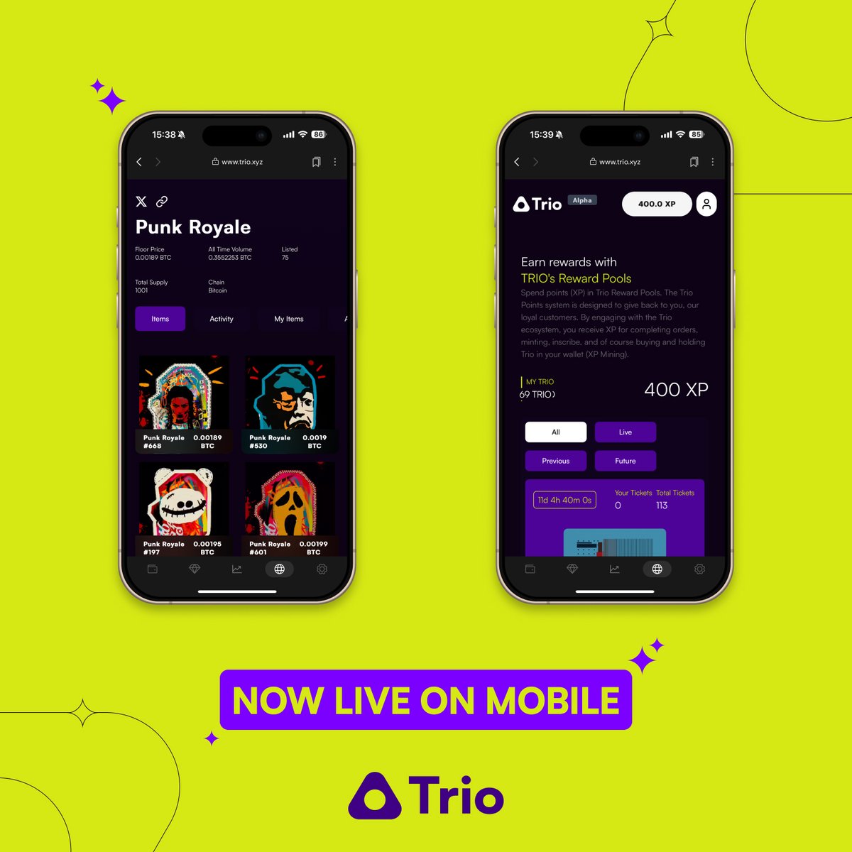 Trio is now live on mobile! ✨

Mint, trade and earn rewards with ease using your phone! 📱