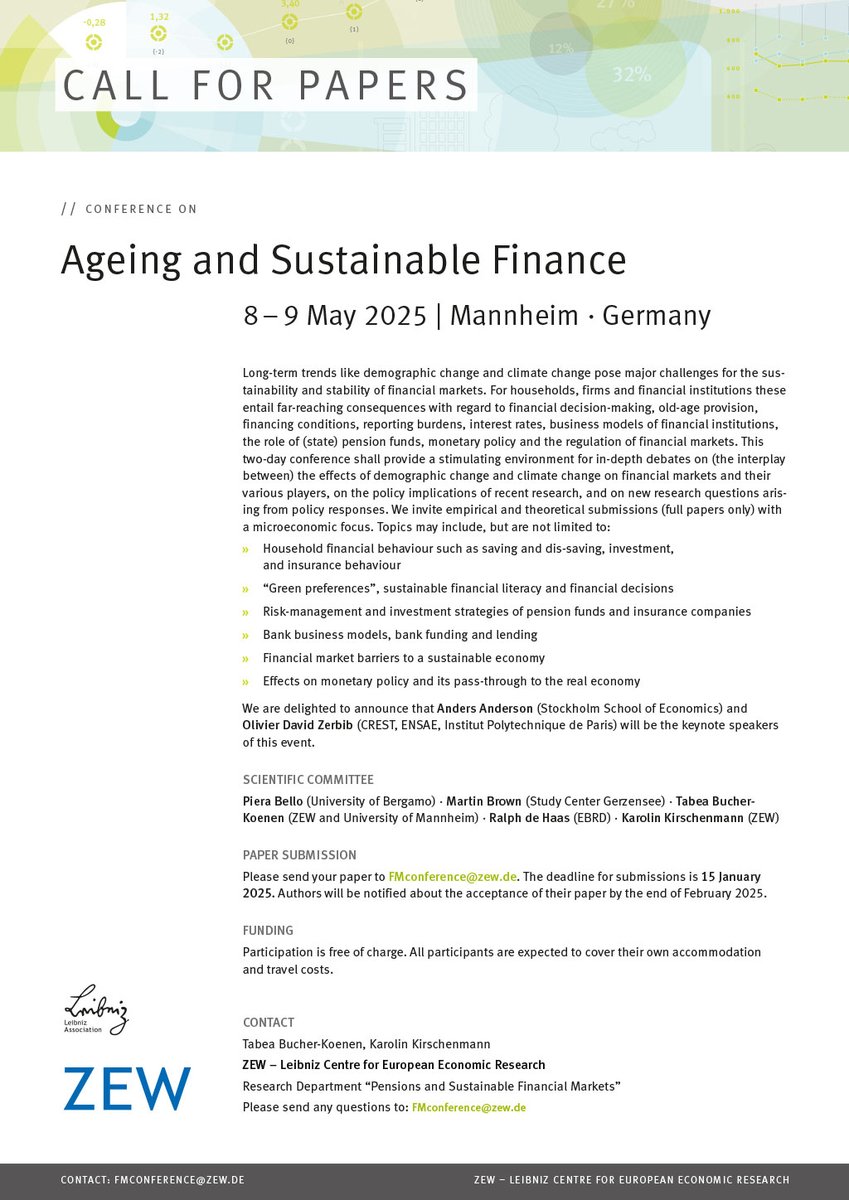 ZEW (@zew) on Twitter photo #CallforPapers: Ageing & #Sustainable Finance Konferenz
🗓️ 8. und 9. Mai 2025 am #ZEW Mannheim
🎤 Keynotes: Anders Anderson <a href="/handels_sse/">Stockholm School of Economics</a> und Olivier David Zerbib <a href="/CrestUmr/">CREST (UMR 9194)</a> <a href="/ENSAEparis/">ENSAE Paris</a> <a href="/IP_Paris_/">Institut Polytechnique de Paris</a>
📑 Einreichungen bis 15. Januar 2025
Mehr Informationen: zew.de/VA4544/?twt=1 #CallforPapers: Ageing & #Sustainable Finance Konferenz
🗓️ 8. und 9. Mai 2025 am #ZEW Mannheim
🎤 Keynotes: Anders Anderson <a href="/handels_sse/">Stockholm School of Economics</a> und Olivier David Zerbib <a href="/CrestUmr/">CREST (UMR 9194)</a> <a href="/ENSAEparis/">ENSAE Paris</a> <a href="/IP_Paris_/">Institut Polytechnique de Paris</a>
📑 Einreichungen bis 15. Januar 2025
Mehr Informationen: zew.de/VA4544/?twt=1