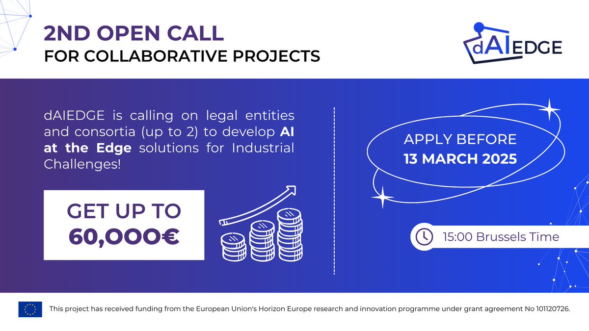 👉 Our second #OpenCall with funding of up to €60,000 per project is now officially open‼️🙌

Why Apply? 🤔
✅ Expert technical support
✅ Access to the Virtual Lab and project resources.
✅ Tackle real industrial challenges

🚨 Deadline: 13 March

👉 daiedge.eu/news/second-da…