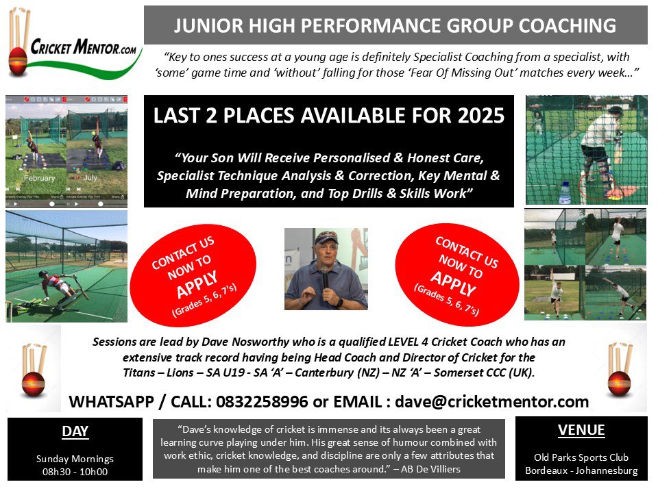 PROFESSIONAL 🏏 COACHING 

Limited spaces open for this years Junior High Performance Group… Apply NOW to be considered &amp; let your young #cricketer take their game to the next level🔥

Note: Ages 10-13 with a good cricketing base. (JOHANNESBURG - SOUTH AFRICA BASED) #cricket