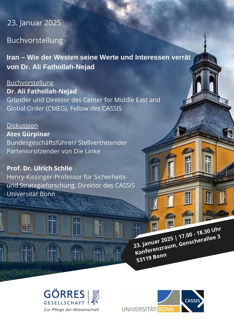Am 23. Januar stellt der deutsch-iranischen  Politologen Dr. Ali Fathollah-Nejad sein Buch “Iran - Wie der  Westen seine Werte und Interessen verrät” vor in Bonn vor. Infos hier: goerres-gesellschaft.de/gesellschaft/t…