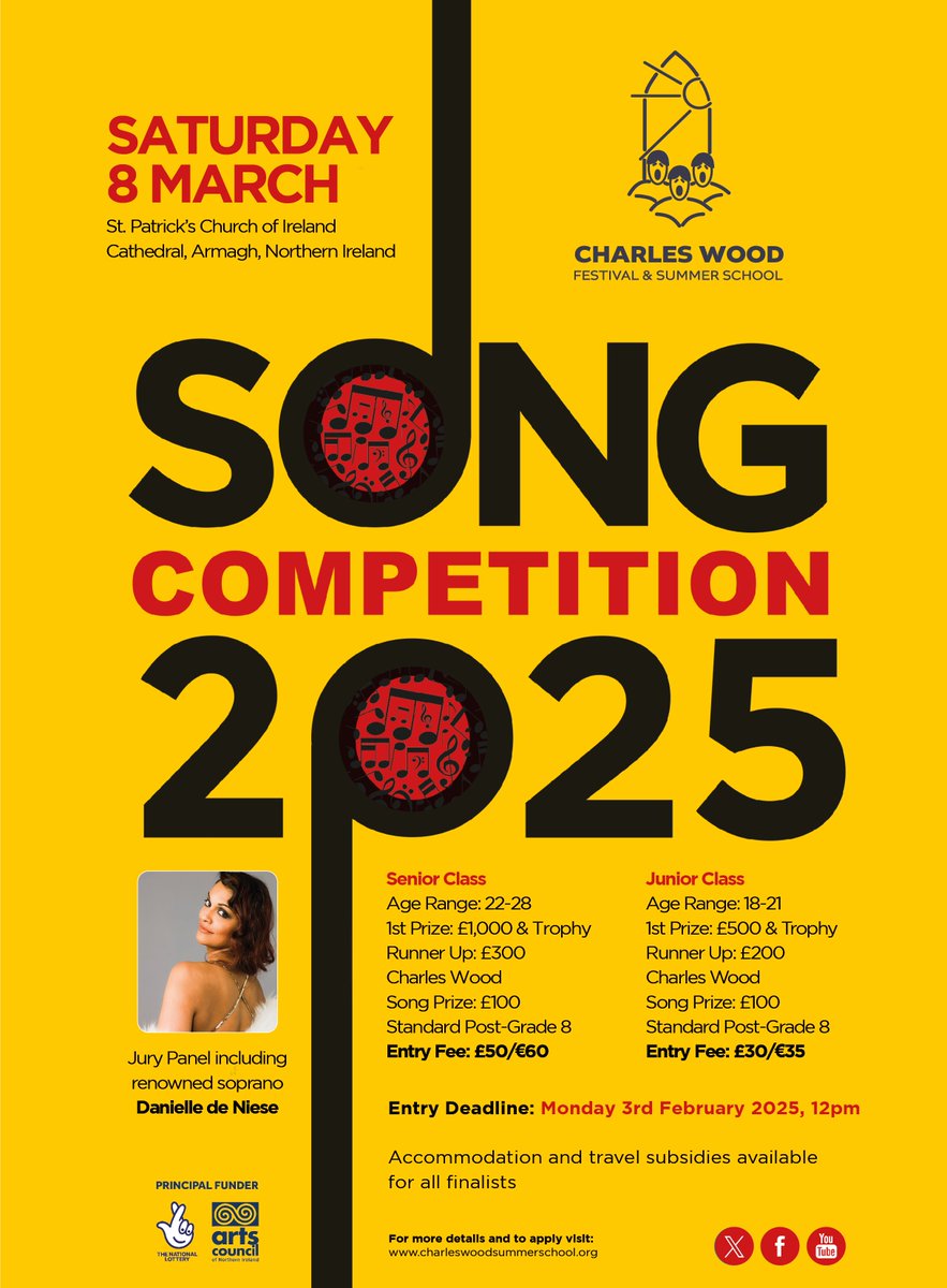 Just over THREE weeks left to enter our Song Competition!

This year we are delighted to announce that the internationally renowned Soprano Danielle de Niese will be joining the Song Competition Jury Panel, alongside celebrity vocal coach Paul Farrington, Northern Irish
