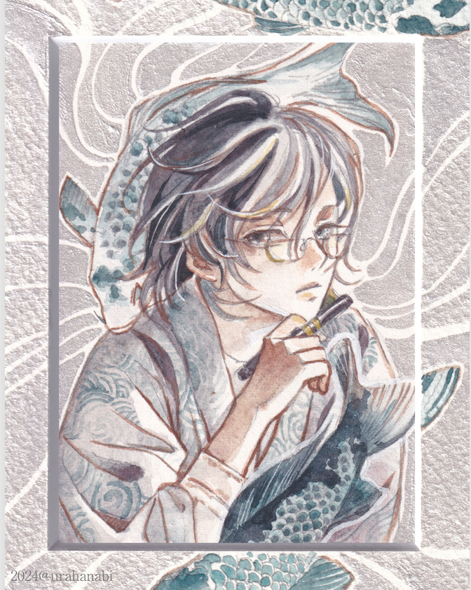 今回コラボの双魚と木蓮も。前回とは雰囲気を変えてみようと思って描いたのですが、皆様の期待に添えるか大変どきどきしております……。こちら2点は原画もフレームとセットで販売予定です。フレーム原画は4枚目。キャンパスアートはデザイン的にフレームを切り落としています。#裏花火販売案内