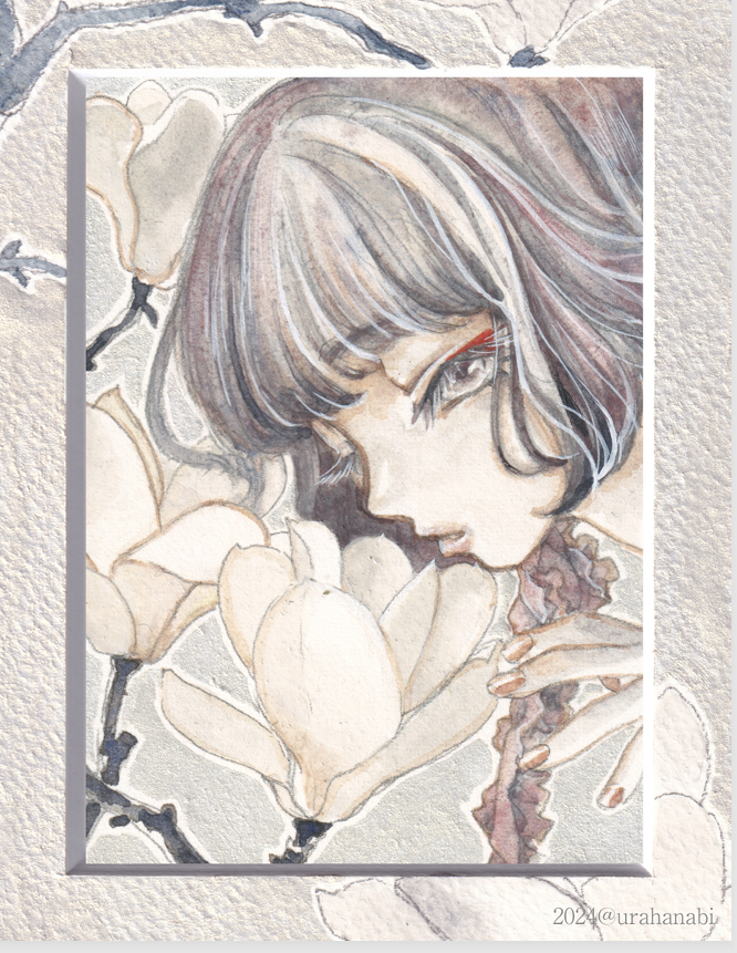 今回コラボの双魚と木蓮も。前回とは雰囲気を変えてみようと思って描いたのですが、皆様の期待に添えるか大変どきどきしております……。こちら2点は原画もフレームとセットで販売予定です。フレーム原画は4枚目。キャンパスアートはデザイン的にフレームを切り落としています。#裏花火販売案内