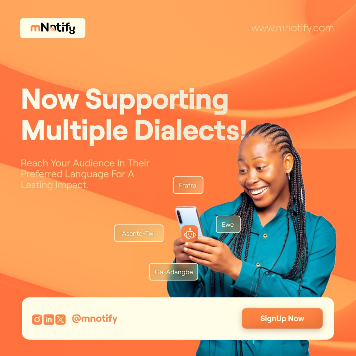 Speak the language of your audience! 🗣️ mNotifys Voice SMS supports local dialects for impactful communication.

From Asante-Twi to Ewe, we're making your messages count! ✨ 

#SMS #Localization #mnotify