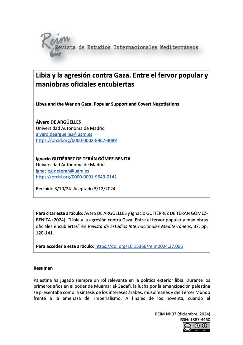 REIMrevista (@reimrevista) on Twitter photo 📘 En el último número de la REIM puedes consultar «Libia y la agresión contra Gaza. Entre el fervor popular y maniobras oficiales encubiertas», artículo de <a href="/dearguelleslugo/">Álvaro de Argüelles</a> e Ignacio Gutiérrez de Terán.
Acceso: doi.org/10.15366/reim2….
#Libia #Palestina 📘 En el último número de la REIM puedes consultar «Libia y la agresión contra Gaza. Entre el fervor popular y maniobras oficiales encubiertas», artículo de <a href="/dearguelleslugo/">Álvaro de Argüelles</a> e Ignacio Gutiérrez de Terán.
Acceso: doi.org/10.15366/reim2….
#Libia #Palestina