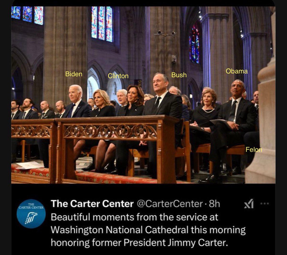 A beautiful photo of all of the remaining presidents as they sit during president Carter’s funeral.  🤭