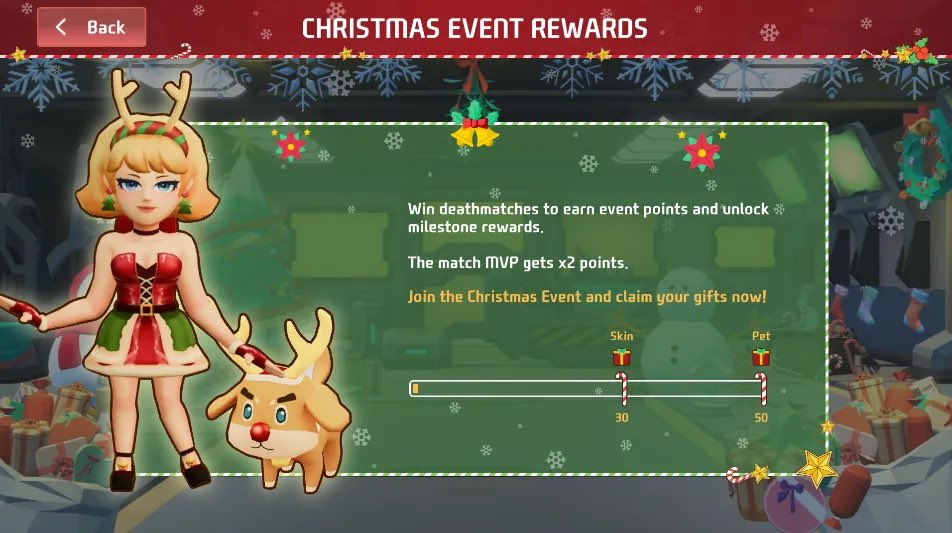 Gm!  

Christmas is not over in Bruna 8! 

You can acquire a Girl Skin and a pet by earning event points. The only thing you have to do is win Deathmatch games; MVP earns 2x event points. 

Don’t miss out on the most cutest costume!