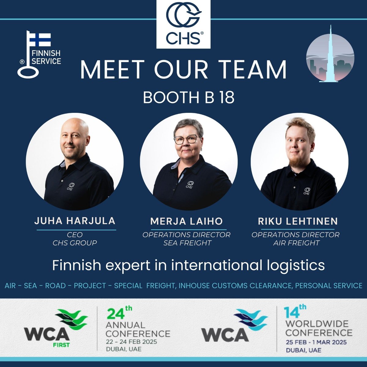 The year’s biggest logistics conference <a href="/wca_world/">WCAworld</a> in Dubai is just around the corner! 🌎 CHS from Finland has proudly been part of the #WCAFirst and #WCAWorldwide networks since 2005! Welcome to meet CHS Team by our stand B18! 🇫🇮
#logistics #CHSGroup #WCAworld #Freight #Finland