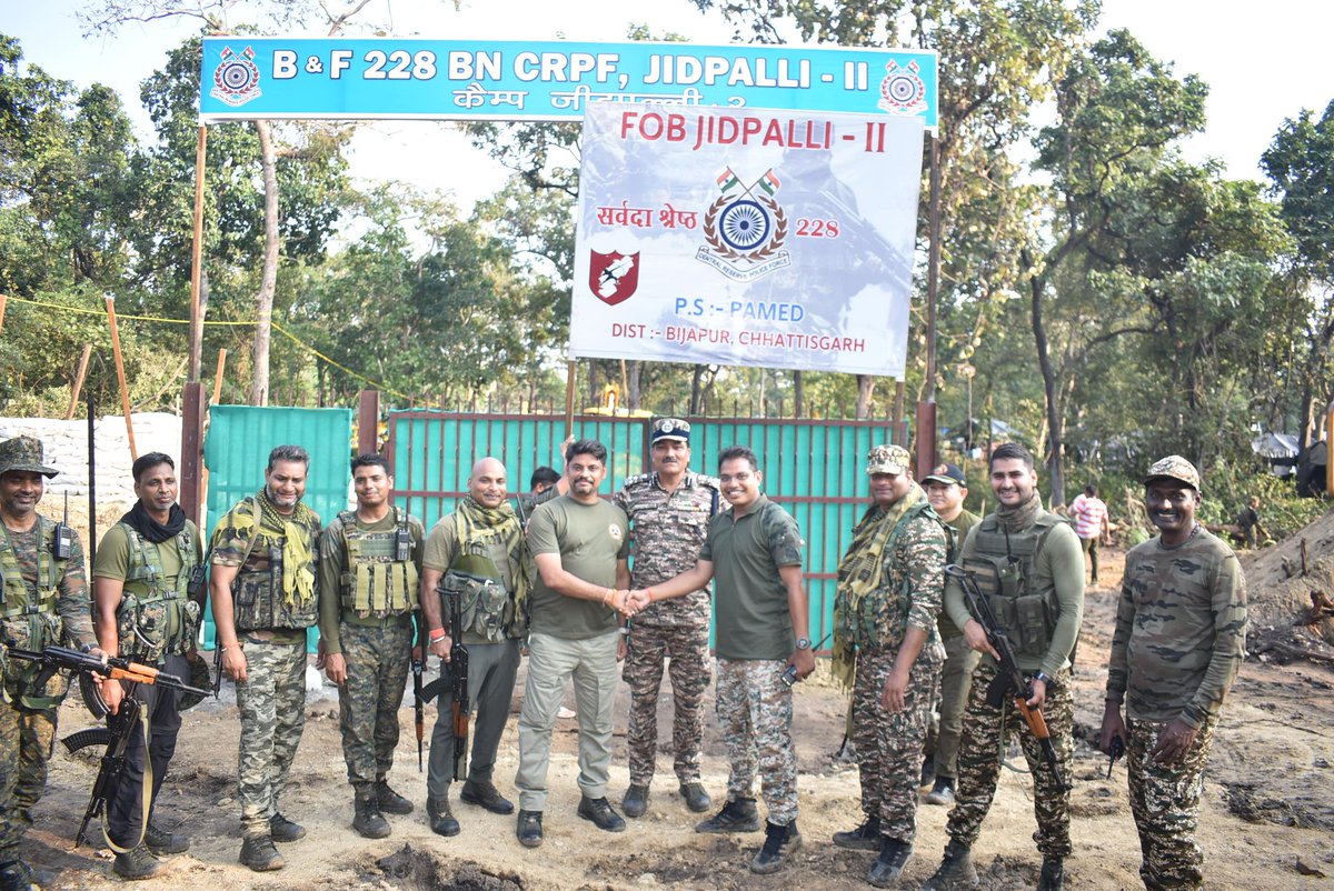 hq228bn's tweet photo. Forward Operating Base (FOB) has been established in #Jidpalli 1&2 #Pamed, #Bijapur by CRPF 228 Bn. As the Govt committed to eliminating Naxalism by March 2026, this FOB stands as a beacon of peace, security, and progress for the region, @PMOIndia @HMOIndia @crpfindia @OpsKonta https://t.co/eCVxgujGfY