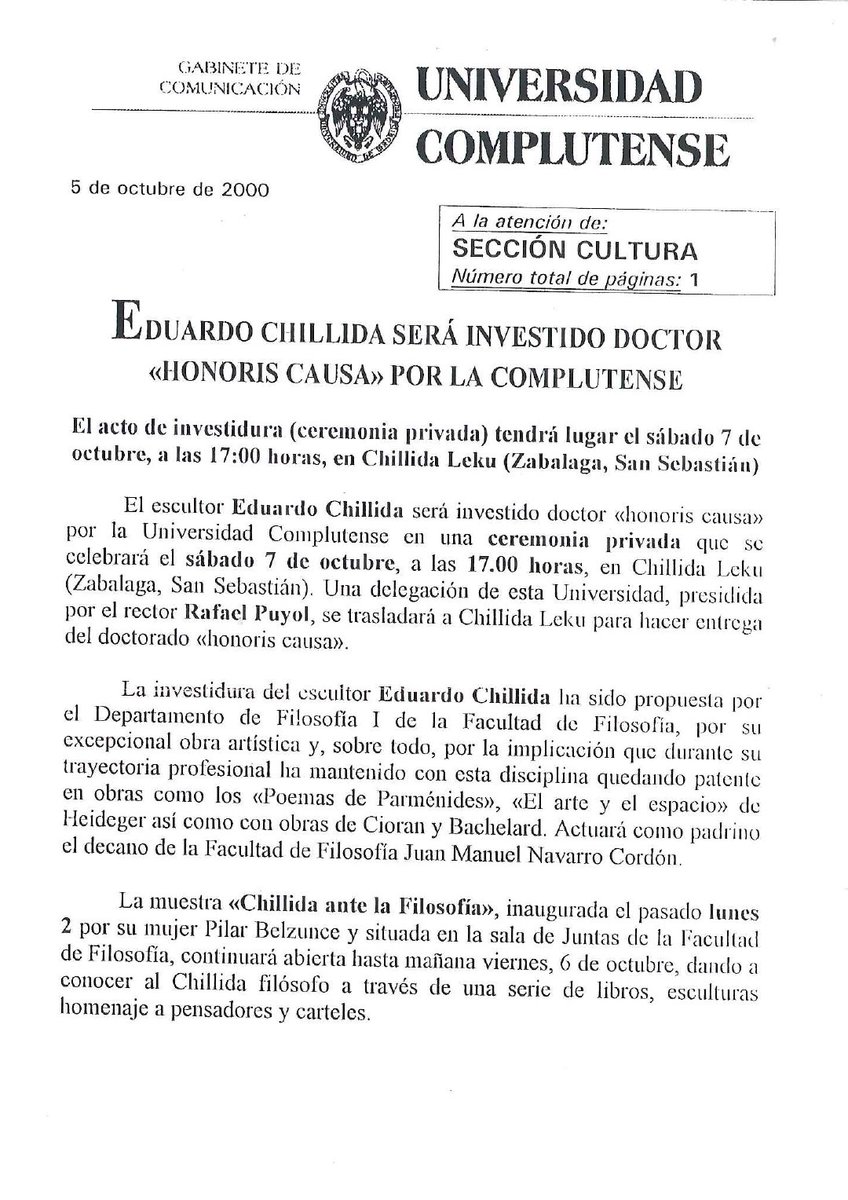 Hoy día 10 de enero celebramos el nacimiento de Eduardo Chillida, hace ya 101 años. En las imágenes se muestra el acto de investidura como doctores "Honoris Causa" en el Chillida Leku a Eduardo Chillida, presidido por el antiguo rector Rafael Puyol Antolín.