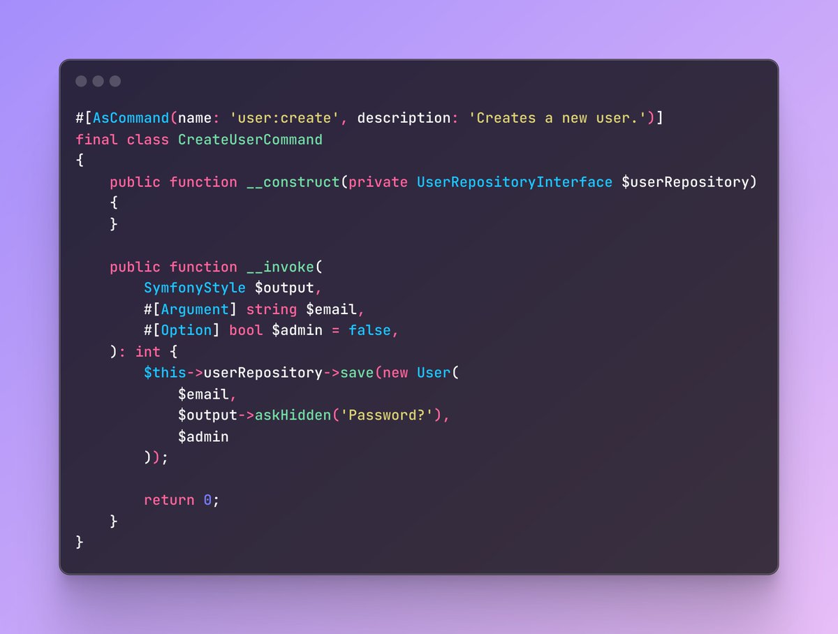 chalas_r's tweet image. 🚀Support for invokable commands will land in #Symfony Console 7.3. No need to extend the base Command class anymore 🎉 Input options/arguments are configured through #PHP #[Attributes]. 
And there is more to come!