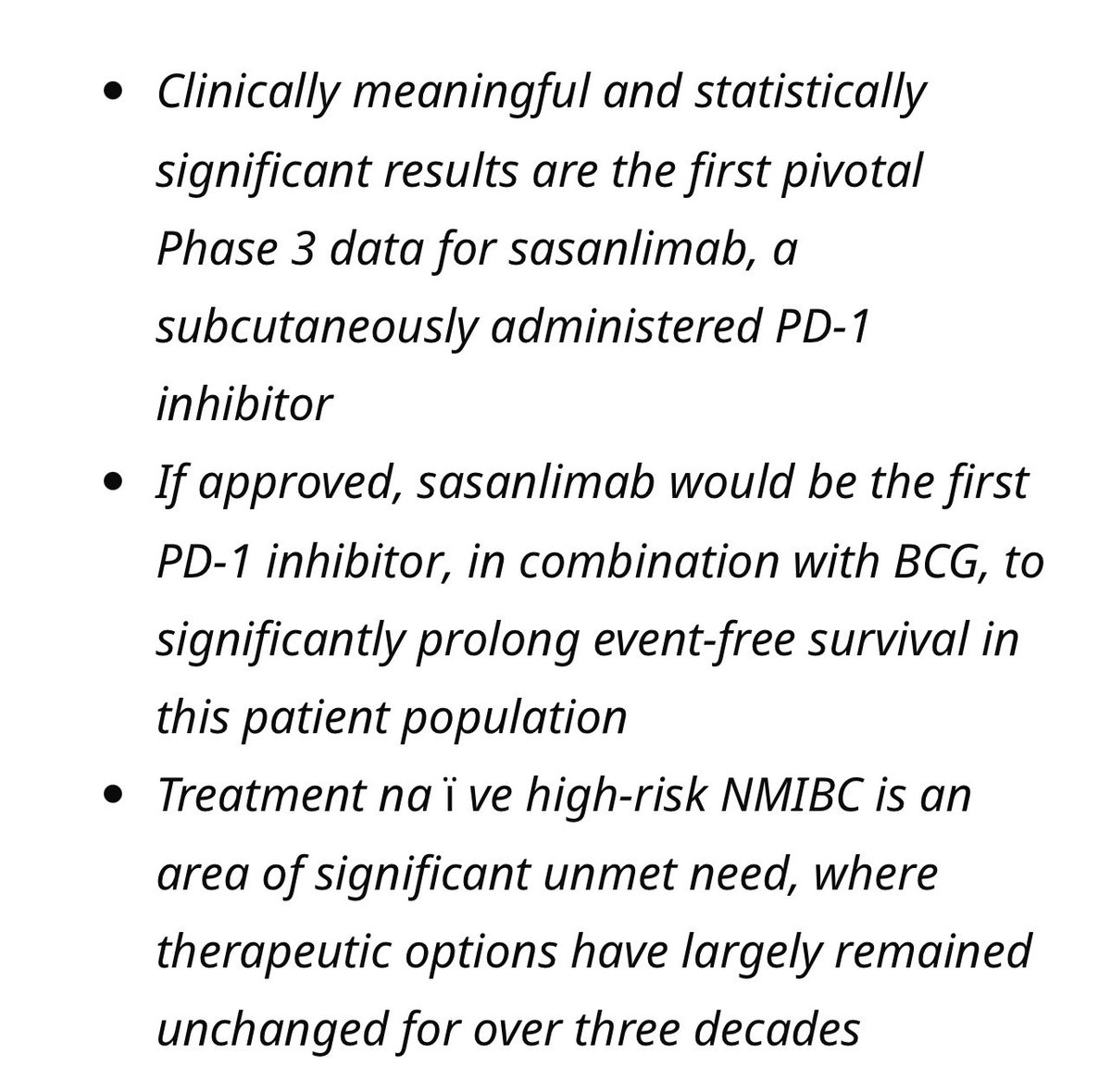 Big news👋. A positive R3 trial for PD-1 in NMIBC! The CREST trial evaluated sasanlimab (PD-1i)+BCG  vs Standard BCG (induction and maintenance) in BCG-naïve, high-risk NMIBC.The study met its primary endpoint of EFS with  ‘clinically meaningful’ results. pfizer.com/news/press-rel…