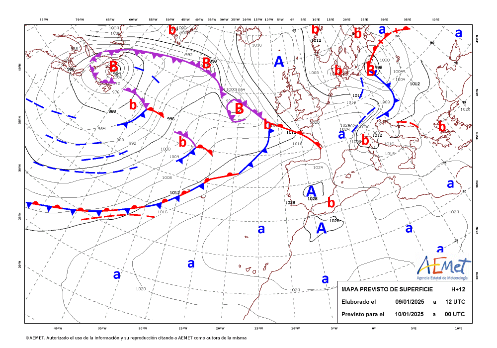 crballesteros's tweet photo. #ClimaEnMapas. Último mapa de análisis de superficie y previstos para H+12, H+24 y H+36, obtenidos de #AemetOpenData.
https://t.co/IsdPiSLh3e https://t.co/UsoeEt8yUg