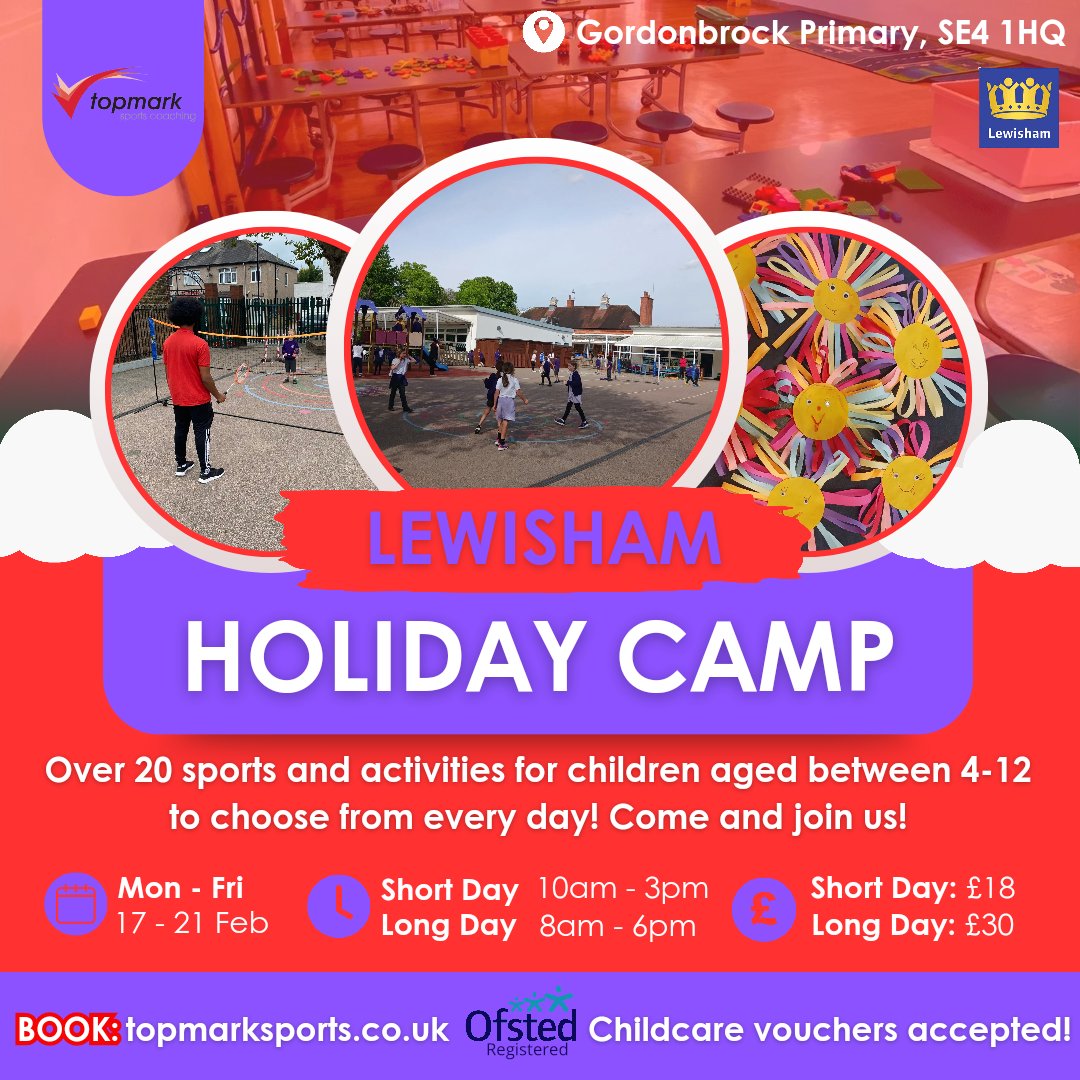 TopmarkSports's tweet image. Come and join us this February half-term for our Holiday Club at Gordonbrock Primary! 

🗓 17 - 21 February
‼️ Huge variety of sports and activities to choose from! 
✅ Ofsted registered! Pay with childcare vouchers!

Book today: topmarksports.co.uk

#TOPMARK #LEWISHAM
