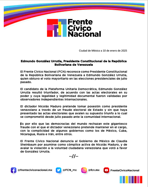 FCN_mx's tweet photo. El Frente Cívico Nacional denuncia al Gobierno de México de @Claudiashein por asumirse como cómplice activa de @NicolasMaduro, y de avalar la violación a la voluntad ciudadana venezolana que votó a favor de @EdmundoGU. https://t.co/bysM2qJEPH
