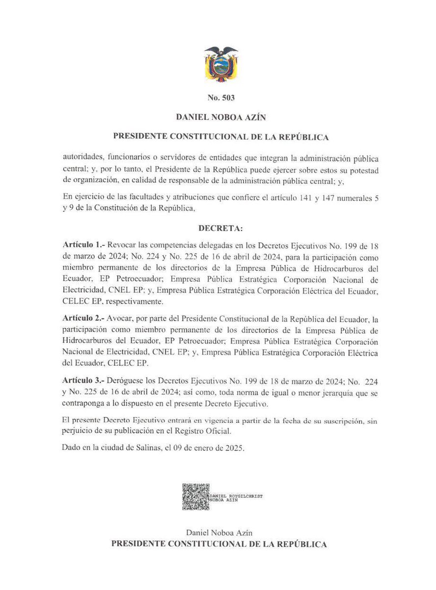 🚨¡De último momento!

El presidente <a href="/DanielNoboaOk/">Daniel Noboa Azin</a>  tomará control de las empresas públicas y con esto pondrá fin a los operadores políticos de las grandes mafias (los mandos medios). 

En el Decreto 503 anuncia que no tendrá delegados e intervendrá personalmente  en los