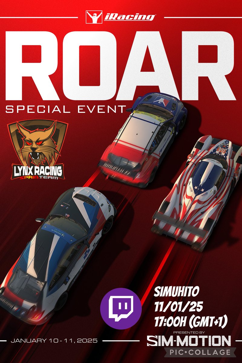 Simuhito (@simuhito) on Twitter photo Nos vemos en #twitch este sábado 11 de enero para el directo del primer evento especial del año, la #roar #daytona en <a href="/iRacing_es/">iRacing.es</a> <a href="/iRacing/">iRacing</a> a las 17:00h (GMT+1). 💪
<a href="/LynxRacingSpain/">Lynx Racing Spain Team</a> #simracer #simracing #iracing #gt4 #lmp3 #tcr #somoslynx #race #stream #directo Nos vemos en #twitch este sábado 11 de enero para el directo del primer evento especial del año, la #roar #daytona en <a href="/iRacing_es/">iRacing.es</a> <a href="/iRacing/">iRacing</a> a las 17:00h (GMT+1). 💪
<a href="/LynxRacingSpain/">Lynx Racing Spain Team</a> #simracer #simracing #iracing #gt4 #lmp3 #tcr #somoslynx #race #stream #directo