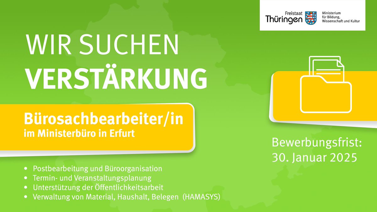 TMBWK (@bildungth) on Twitter photo Verstärke unser Team!🚀
Sei ein wichtiger Teil unseres Ministerbüros mit Aufgaben in der Postbearbeitung, Terminkoordination & Öffentlichkeitsarbeit. Deine Fähigkeiten können den Unterschied machen! 📝
👉 Jetzt online bewerben: karriere.thueringen.de/Stellenangebot…
#DienstMachtFortschritt Verstärke unser Team!🚀
Sei ein wichtiger Teil unseres Ministerbüros mit Aufgaben in der Postbearbeitung, Terminkoordination & Öffentlichkeitsarbeit. Deine Fähigkeiten können den Unterschied machen! 📝
👉 Jetzt online bewerben: karriere.thueringen.de/Stellenangebot…
#DienstMachtFortschritt