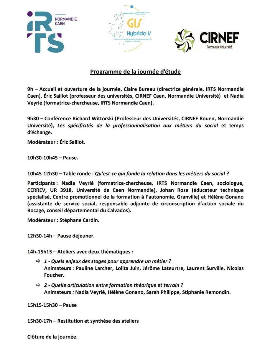Aujourdh’ui à l’IRTS → Journée d’étude organisée par l’IRTS et le CIRNEF Normandie Université sur la question de la professionnalisation au travail de la relation dans les métiers du social.
#metiersdusocial
#formationssociales