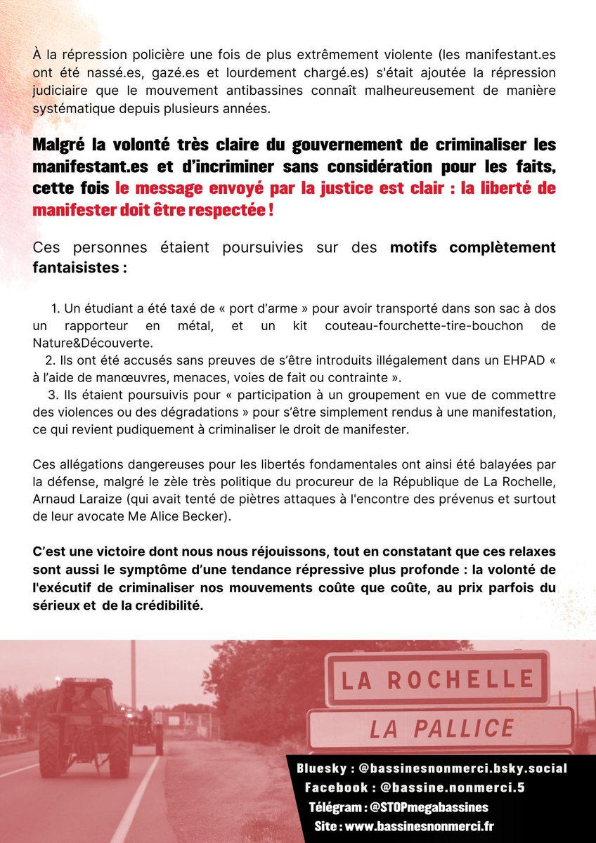 [Échec  de la répression suite à la manifestation de La Rochelle : deux  militants relaxés par la justice !] 
Notre CP en intégralité 👇