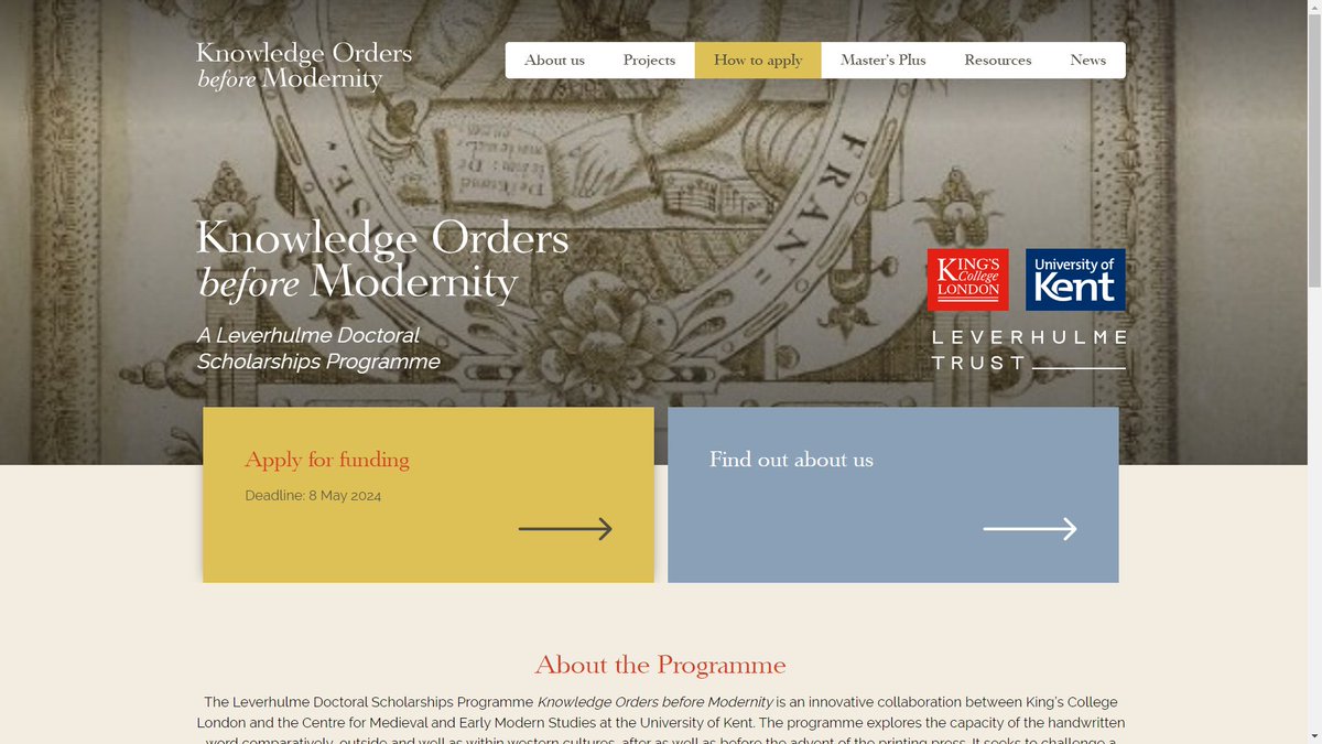 Knowledge Orders before Modernity (@komldsp) on Twitter photo Happy New Year! We are starting 2025 with an entry about the open PhD positions available with the support of <a href="/LeverhulmeTrust/">The Leverhulme Trust</a> via a collab between <a href="/mems_ukc/">MEMS</a> and <a href="/KingsCollegeLon/">King's College London</a>
Read all about it here: research.kent.ac.uk/medieval-early…
#PhD #cfa #open #postgraduate Happy New Year! We are starting 2025 with an entry about the open PhD positions available with the support of <a href="/LeverhulmeTrust/">The Leverhulme Trust</a> via a collab between <a href="/mems_ukc/">MEMS</a> and <a href="/KingsCollegeLon/">King's College London</a>
Read all about it here: research.kent.ac.uk/medieval-early…
#PhD #cfa #open #postgraduate
