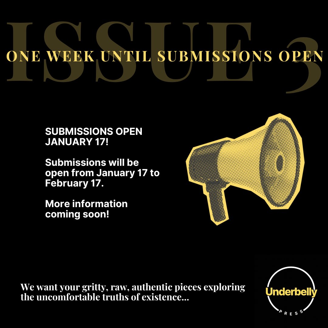 We're back from our festive break to announce that submissions for Issue 3 open in ONE WEEK! 
Submissions open January 17 and will run until February 17. We want your gritty, raw, authentic pieces exploring the uncomfortable truths of existence...
More information coming soon 🖤
