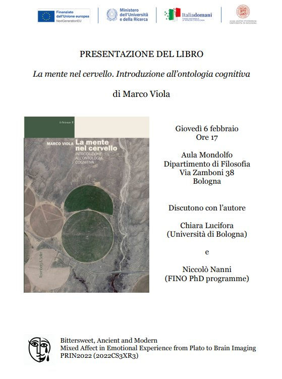 MarcoViola3's tweet image. Il 6 febbraio avrò il piacere di discutere del mio libro "La mente nel cervello" a UniBo. Ringrazio di cuore @piacampeggiani per l'organizzazione, @LuciforaCh14986 e Niccolò Nanni per la disponibilità a fare da 'discussants'. Se siete in zona, passate a trovarci!