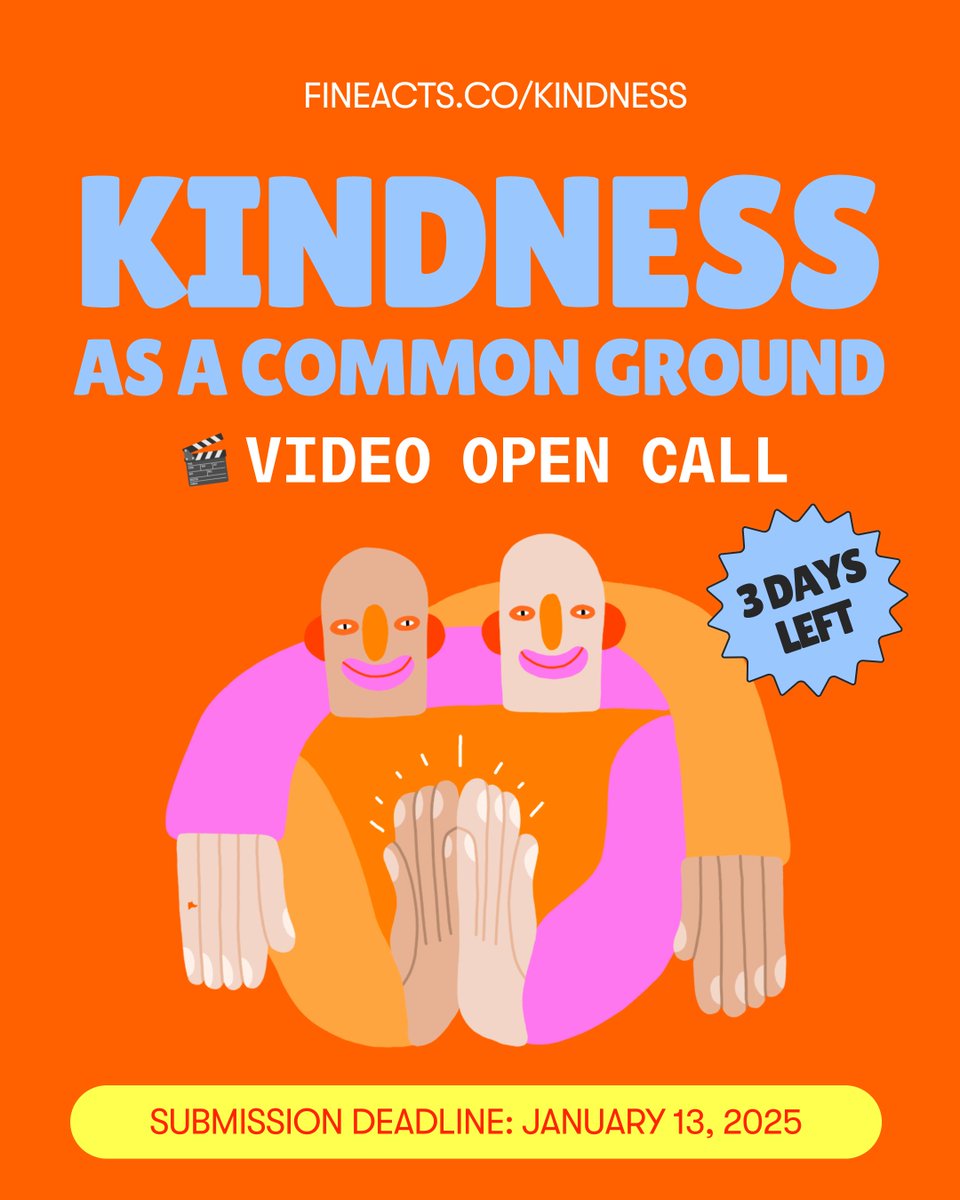 🤗 LAST 72 HOURS TO SUBMIT YOUR KINDNESS VIDEO! 🤗 We're making our final call to creators worldwide to share short EXISTING or NEW videos showing real moments of radical kindness.

🎥 All types of video are welcome – from documentary and fiction to stop motion and animation.