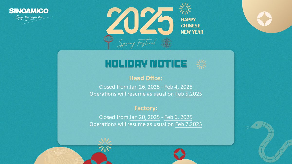 As we approach the Lunar New Year 2025, we wish to inform you of our holiday schedule. Please take note of the important dates regarding the closure and reopening of our head office and factory.

#ChineseNewYear #LunarNewYear2025 #HolidayNotice #OfficeFurnitureOutlets #Sinoamigo